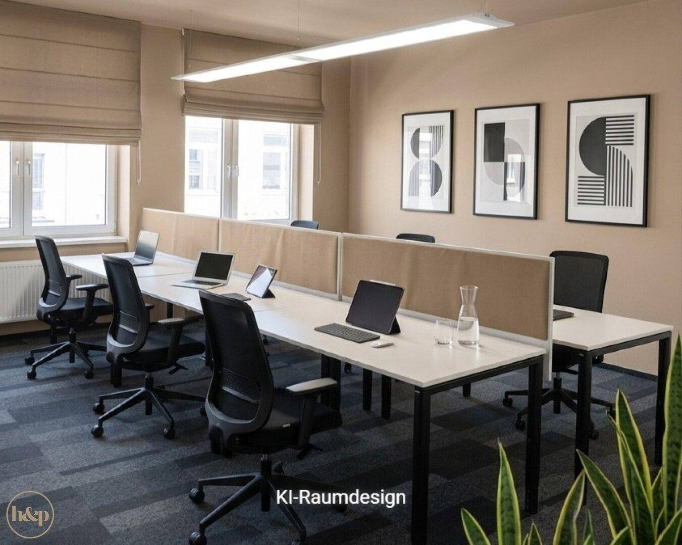 Moderner Büroraum mit mehreren Arbeitsplätzen, Laptops und Pflanzen, schafft eine angenehme Arbeitsatmosphäre.