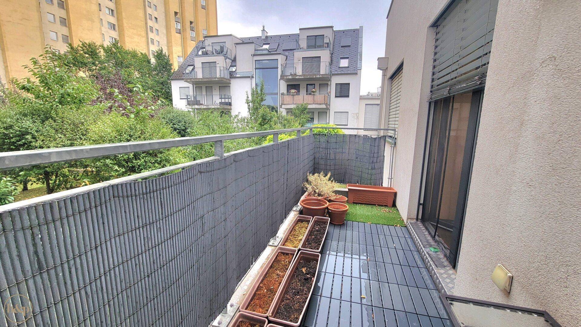 Schmaler Balkon mit Sichtschutz, Topfpflanzen und Kunstrasen für eine gemütliche Atmosphäre.
