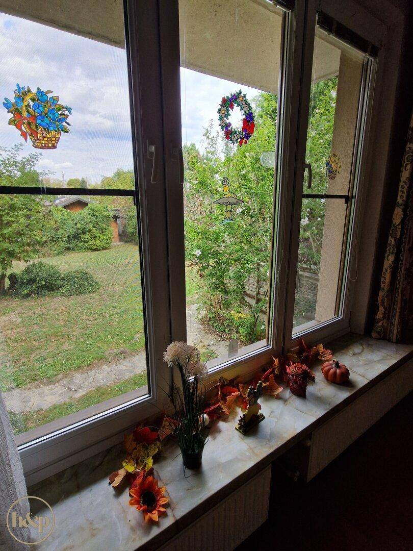 Blick aus dem Fenster auf den grünen Garten mit herbstlicher Dekoration auf der Fensterbank.