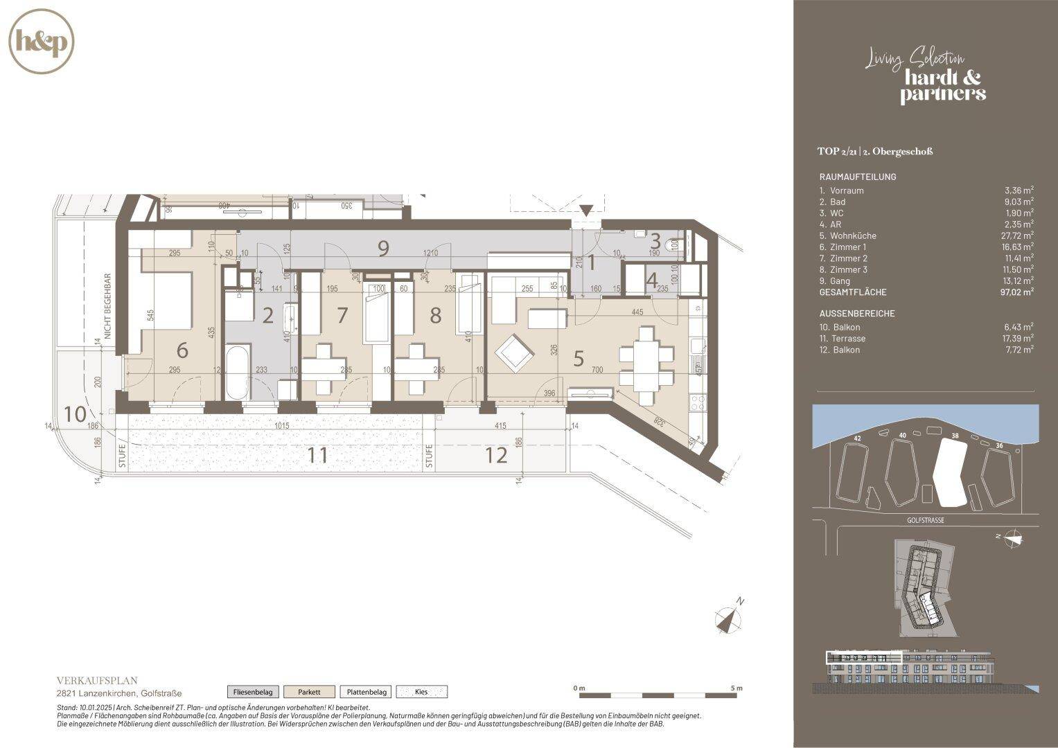 Detaillierter Grundriss einer Wohnung im Obergeschoss mit Terrasse und Balkon.