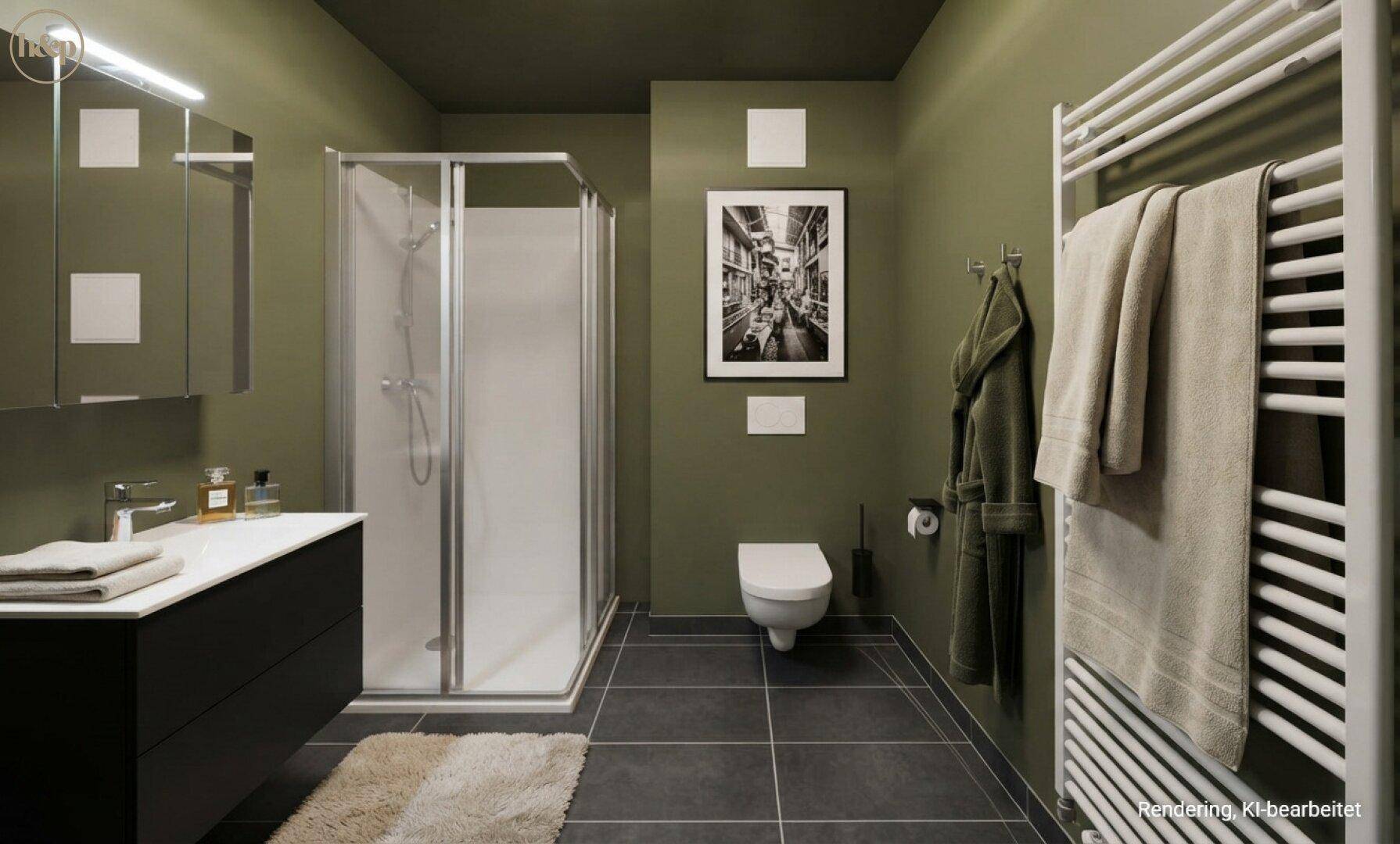 Modernes Badezimmer mit olivgrünen Wänden, dunklen Fliesen und einer Duschkabine.