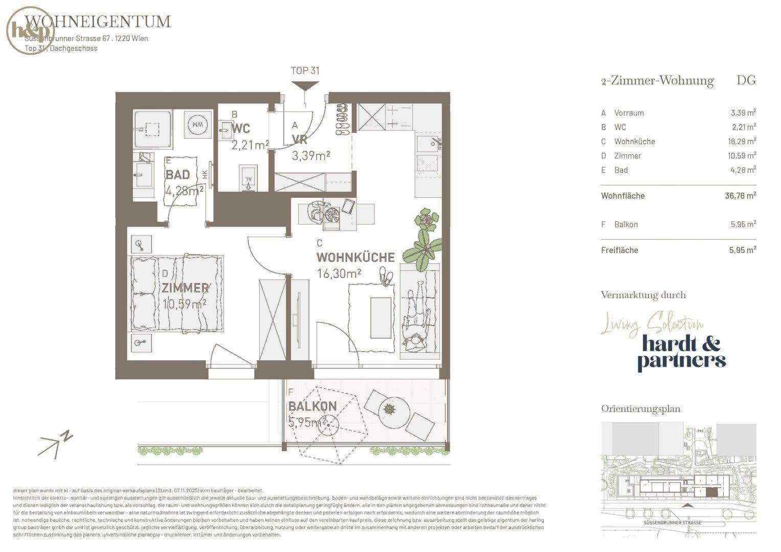 Grundriss einer 2-Zimmer-Dachgeschosswohnung mit Wohnküche, Schlafzimmer und Balkon.
