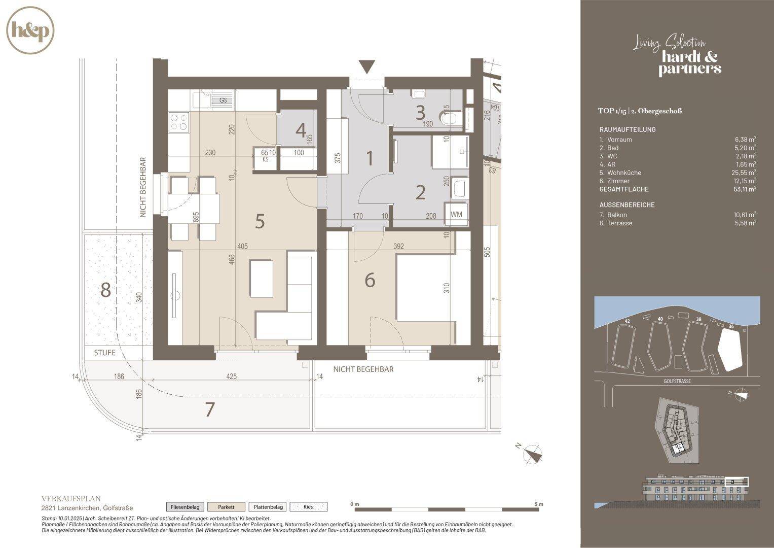 Detaillierter Grundriss einer Wohnung mit mehreren Zimmern, Balkon und Terrasse.