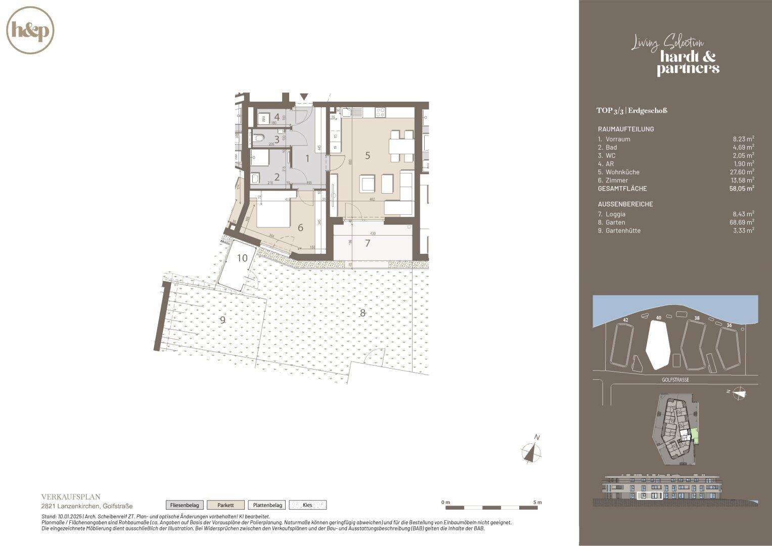 Detaillierter Grundriss einer Wohnung mit Loggia und Gartenbereich, inklusive Flächenangaben.
