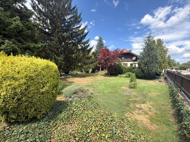 Weitläufiger Garten mit verschiedenen Bäumen und Sträuchern, das Haus im Hintergrund.