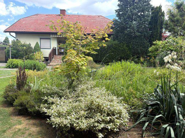 Charmantes Haus mit rotem Ziegeldach, umgeben von einem blühenden und grünen Garten.