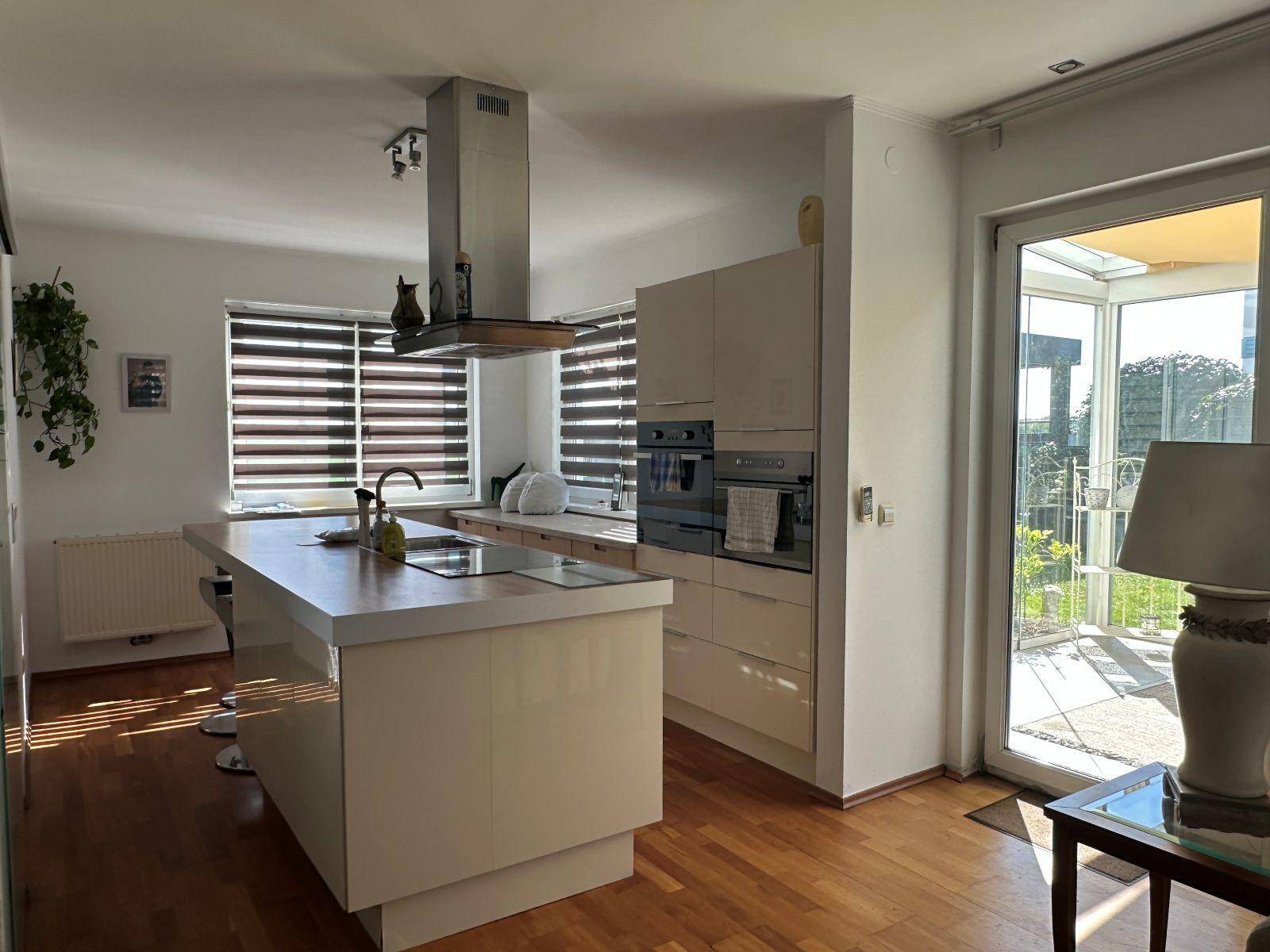 Moderne Küche mit Kochinsel, integrierten Geräten und Zugang zur verglasten Terrasse.