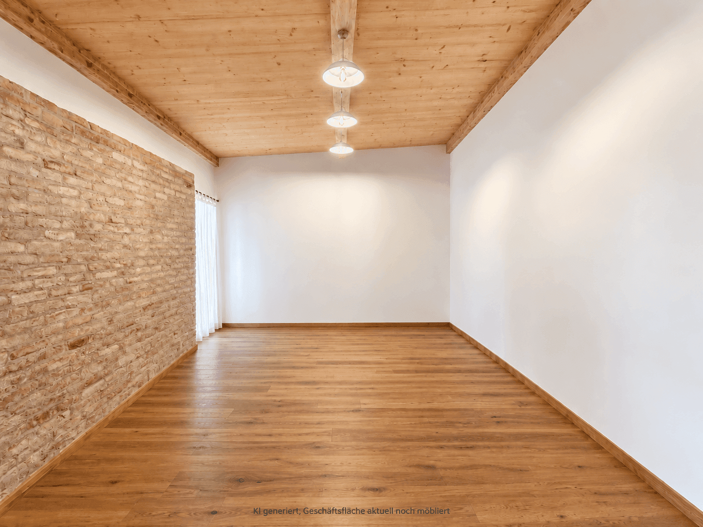 Heller Raum mit einer Ziegelwand, Holzbalkendecke und Holzboden, bietet eine warme Atmosphäre.