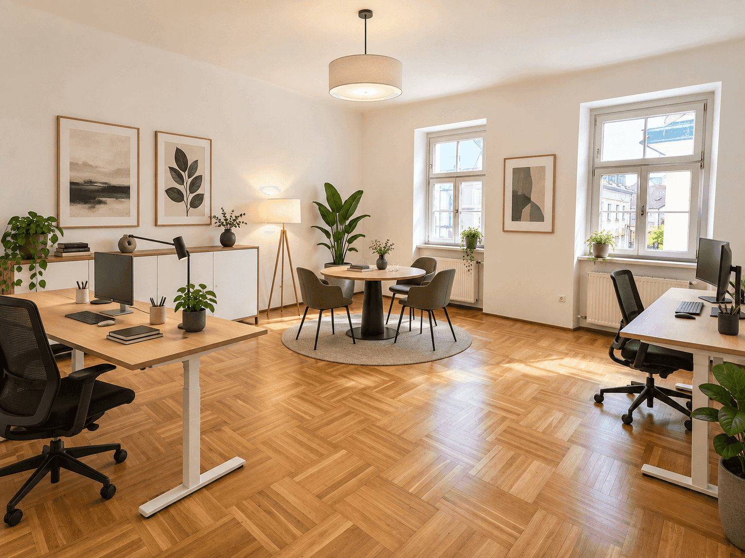 Modern eingerichtetes Büro mit mehreren Arbeitsplätzen, Besprechungsbereich und viel Tageslicht.