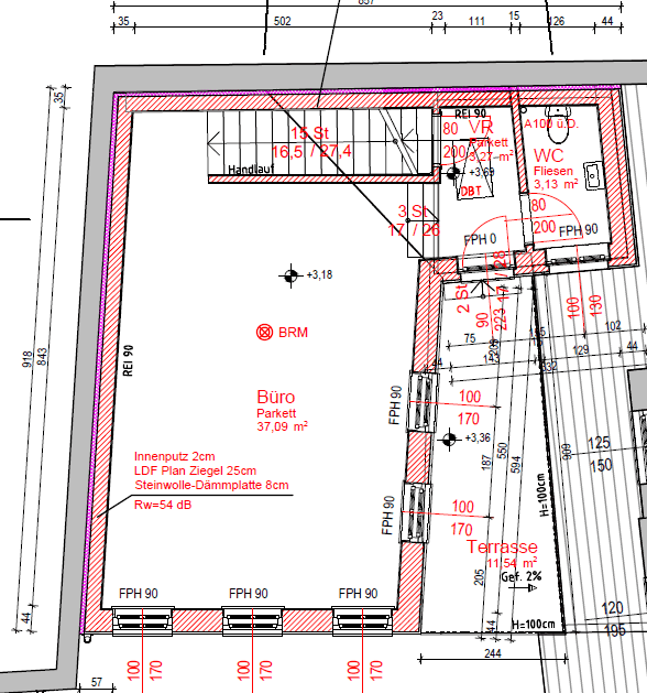 Grundriss des Obergeschosses mit Büro, WC und einer Terrasse.