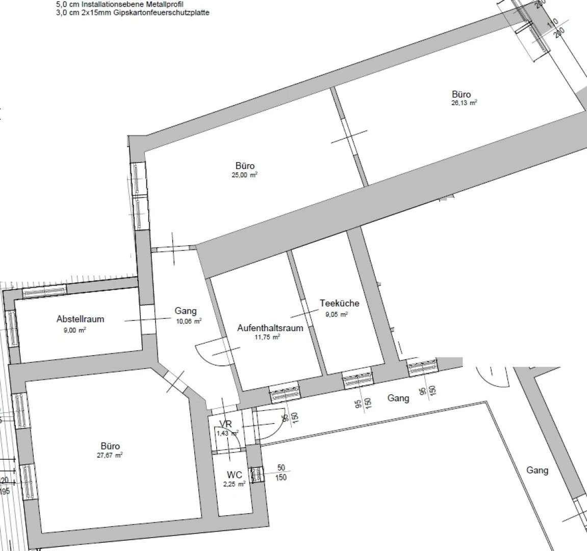 Grundriss einer Büroeinheit mit mehreren Räumen und Flächenangaben in Quadratmetern.