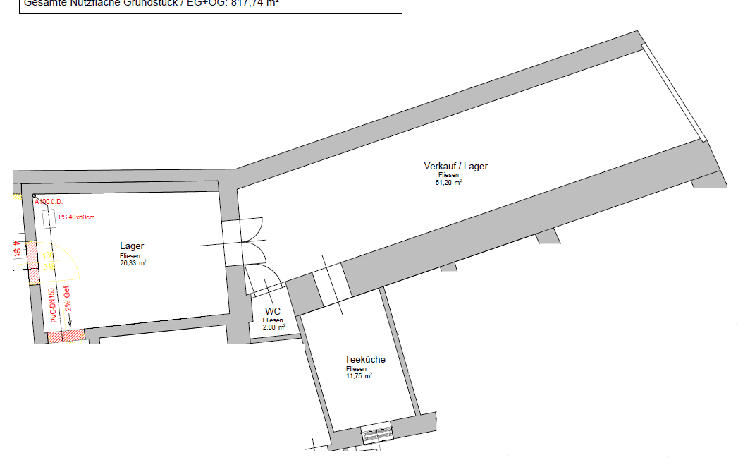 Grundrissplan eines Geschäftslokals mit Verkaufsfläche, Lager, WC und Teeküche.