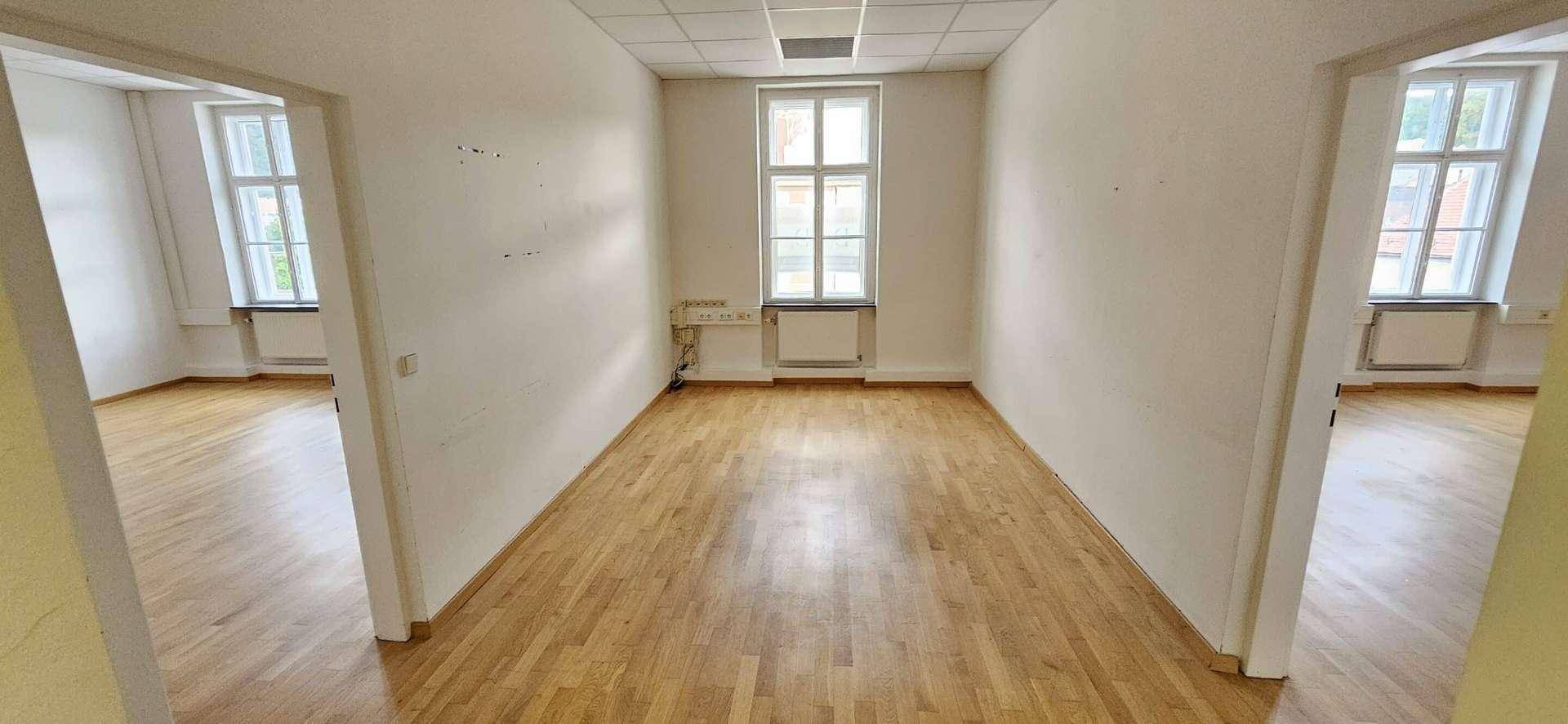 Langer Flur mit Parkettboden und Zugang zu mehreren Büroräumen mit Fenstern.