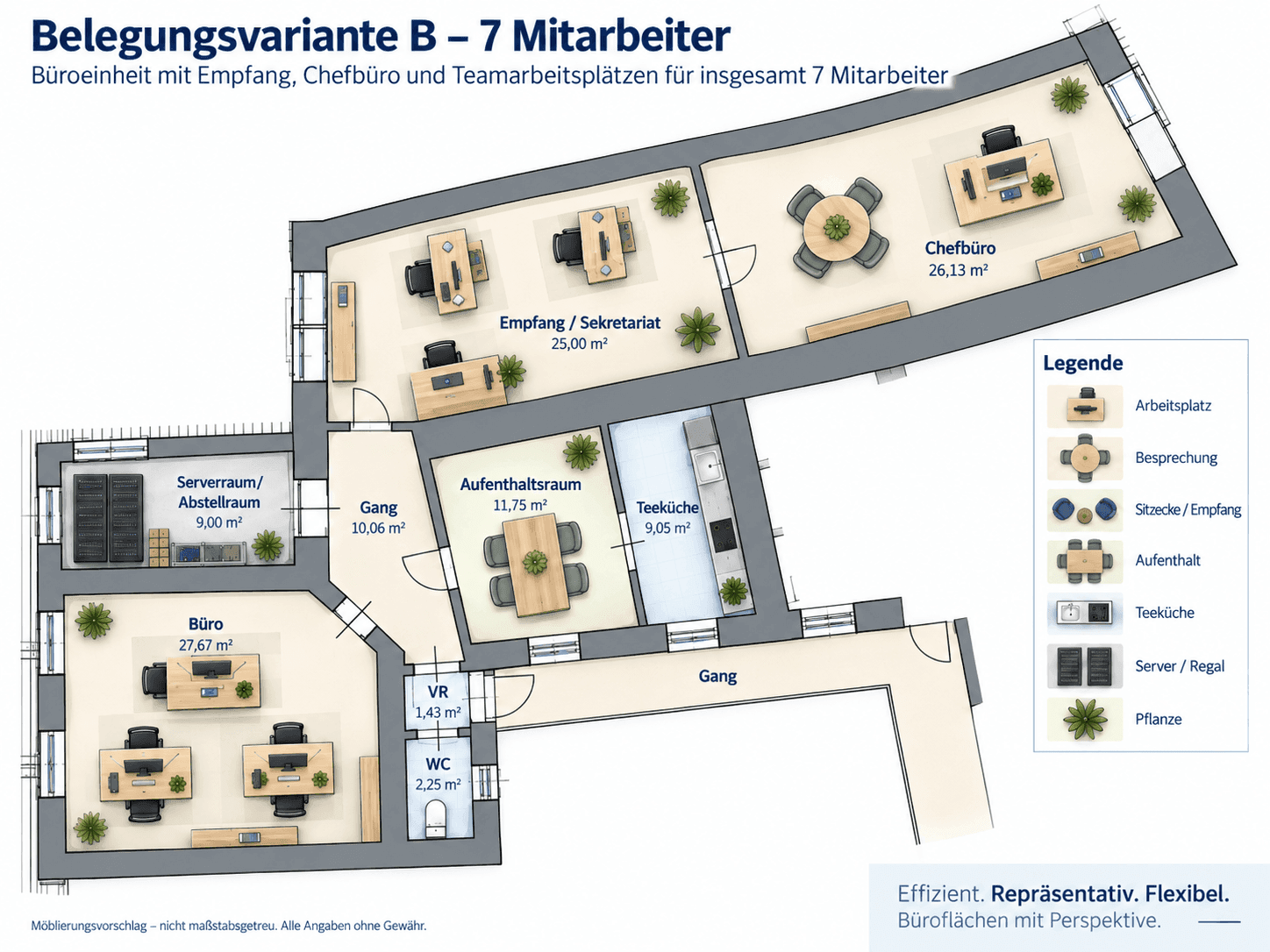 Farbiger Grundriss einer Büroeinheit für sieben Mitarbeiter mit Empfang und Teeküche.