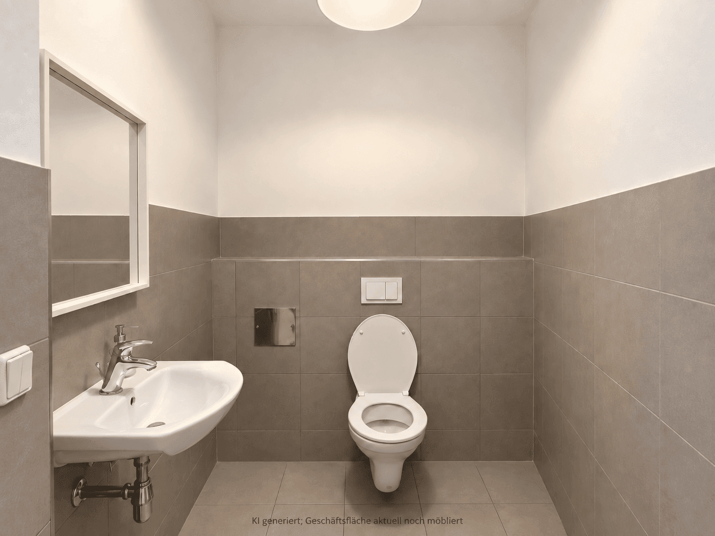 Kleiner Toilettenraum mit grauen Fliesen, wandhängendem WC und Waschbecken mit Spiegel.