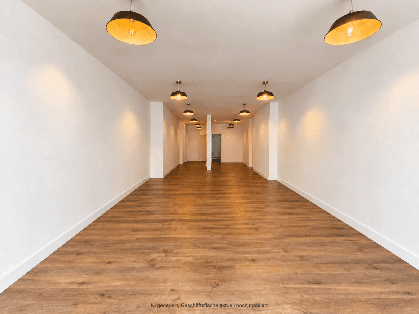 Langer, leerer Geschäftsraum mit Holzboden und modernen Deckenleuchten, ideal für verschiedene Nutzungen.