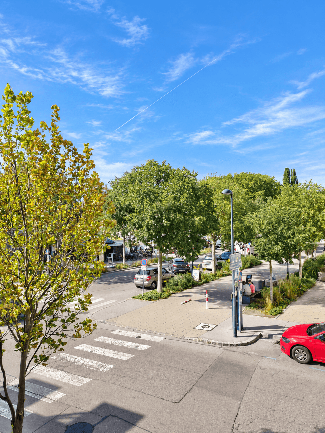 Blick auf eine städtische Straße mit parkenden Autos, Bäumen und blauem Himmel.