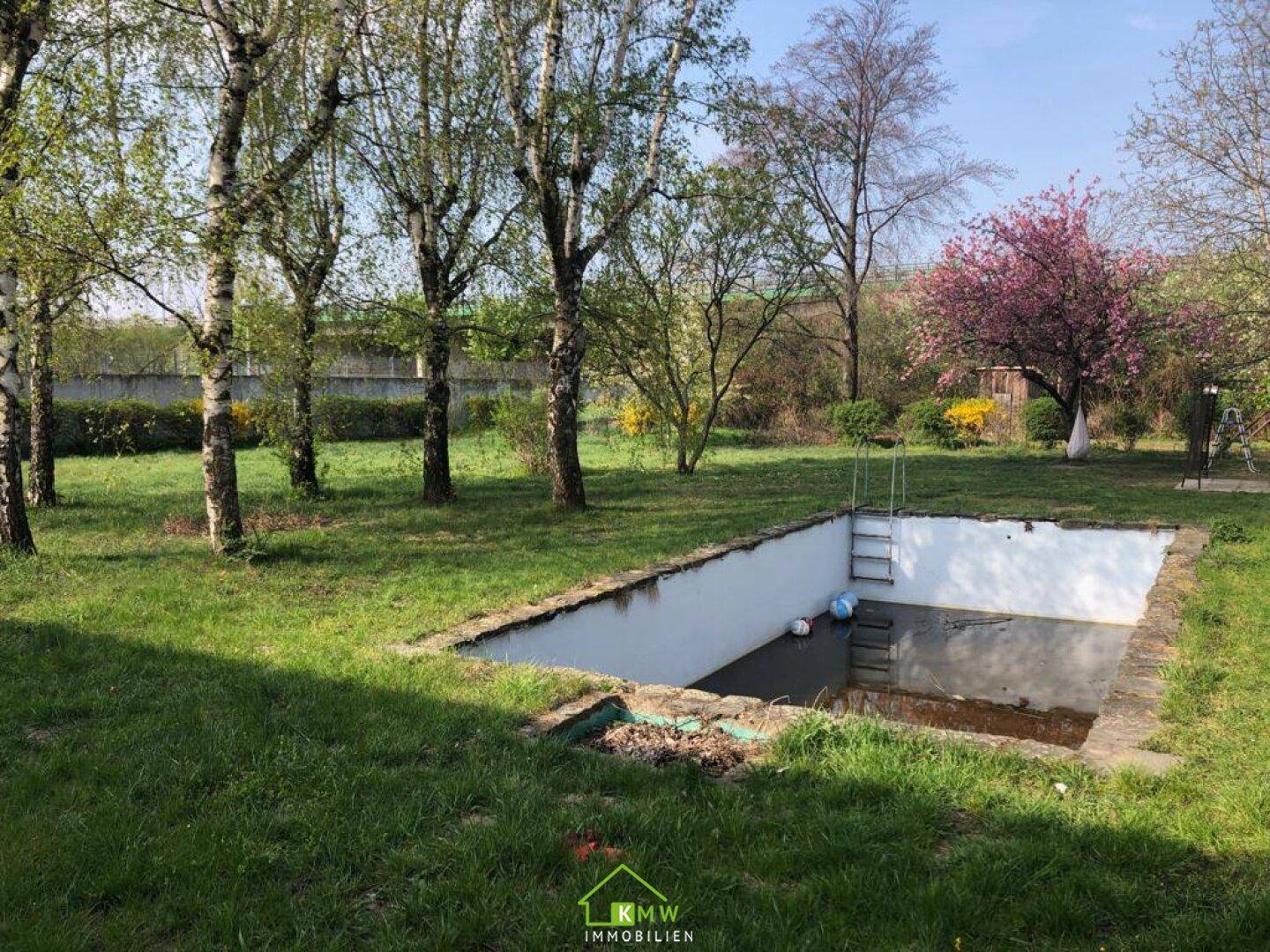 Leeres Schwimmbecken im Garten mit Bäumen und blühenden Sträuchern im Hintergrund.