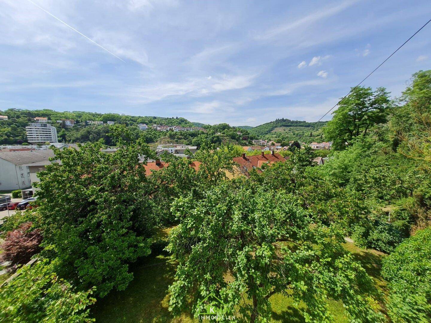 Panoramablick über die grüne Hügellandschaft mit vereinzelten Häusern in der Ferne.