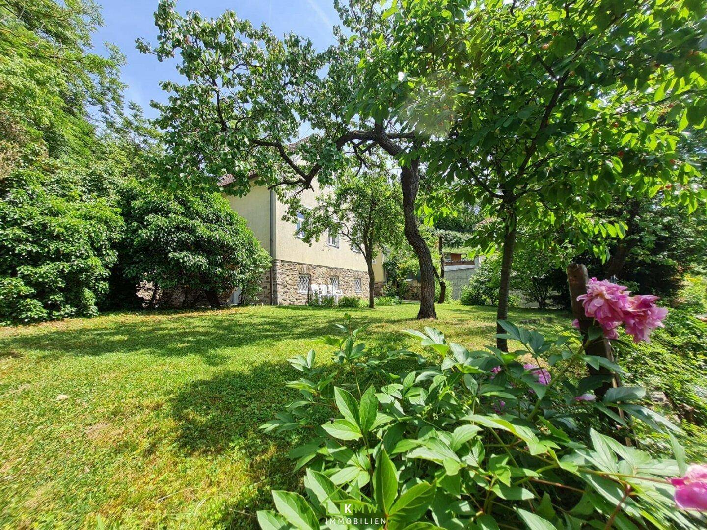 Weitläufiger Garten mit altem Baumbestand und üppigem Grün, ideal zum Entspannen.