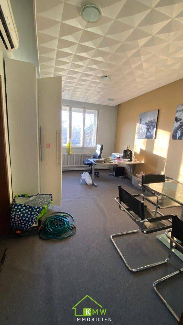 Büro oder Besprechungsraum mit gemusterter Decke, Teppichboden und Fenstern für Tageslicht.