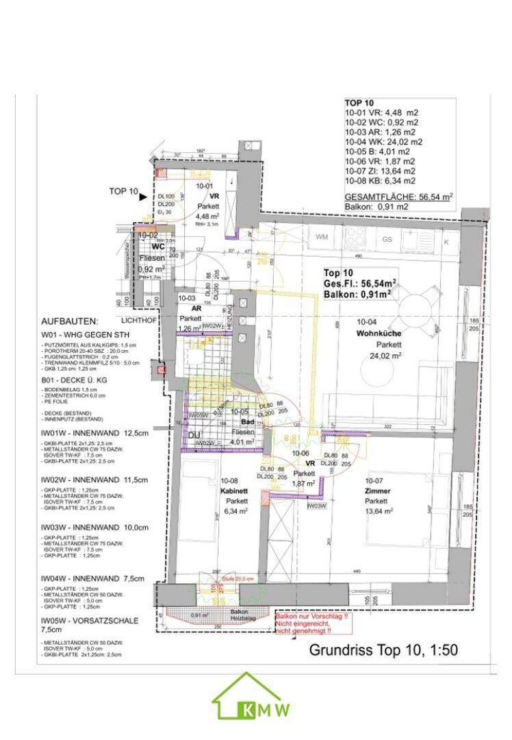 Detaillierter Grundriss der Wohnung Top 10 mit 56,54 m² und Balkon.
