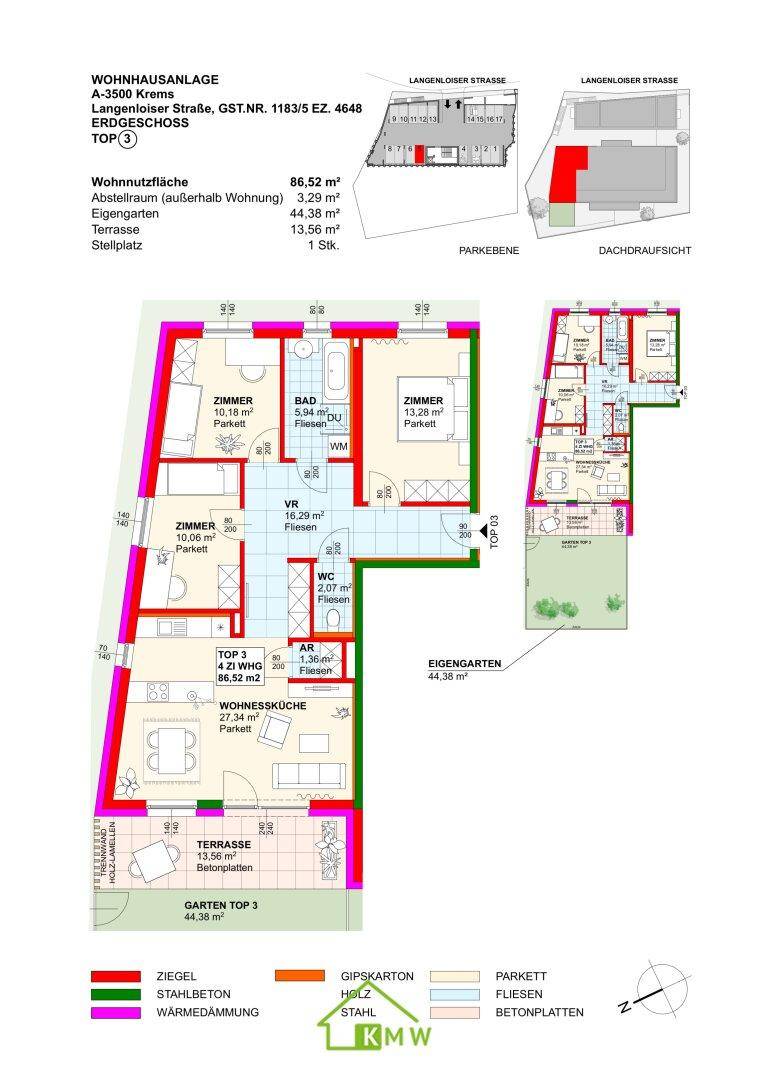 Grundriss einer Erdgeschosswohnung mit drei Zimmern, Wohnküche, Bad, separatem WC, Terrasse und eigenem Garten.