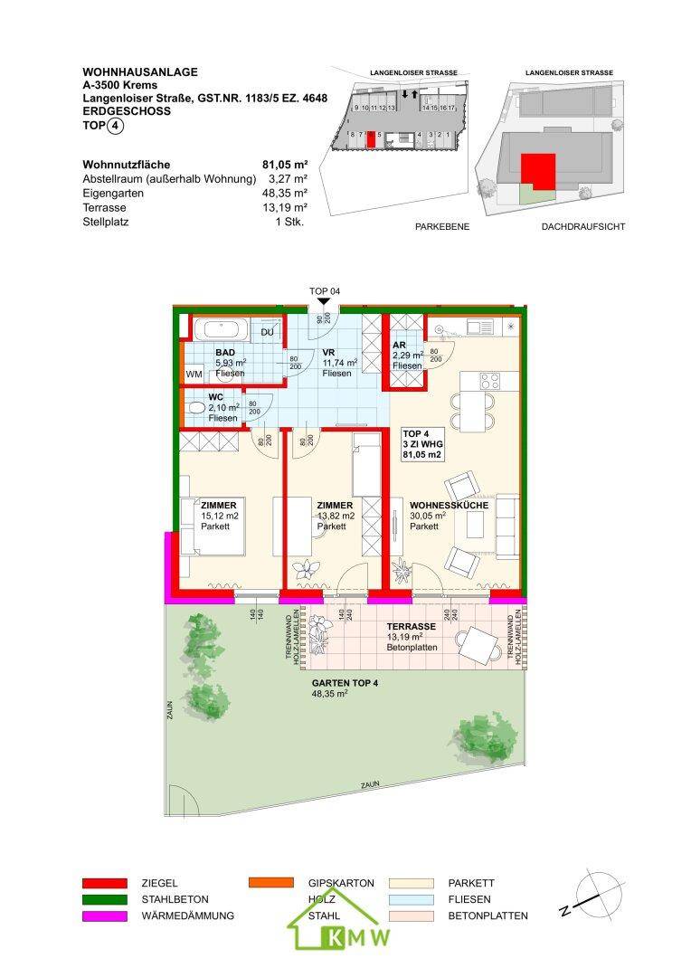 Grundriss einer Erdgeschosswohnung mit offener Wohnküche, zwei Schlafzimmern, Bad, separatem WC, Terrasse und eigenem Garten.