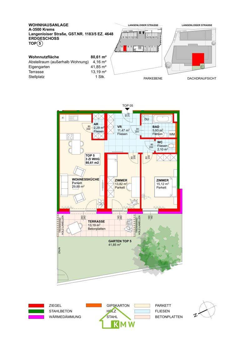 Grundriss einer modernen Erdgeschosswohnung mit offener Wohnküche, zwei Schlafzimmern, Bad, separatem WC, Terrasse und eigenem Garten.