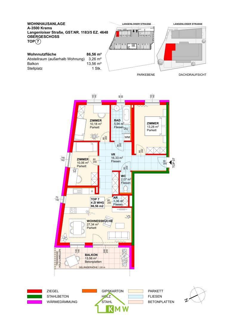 Detaillierter Grundriss einer Wohnung im Obergeschoss mit drei Zimmern, offener Wohnküche, Bad und Balkon.
