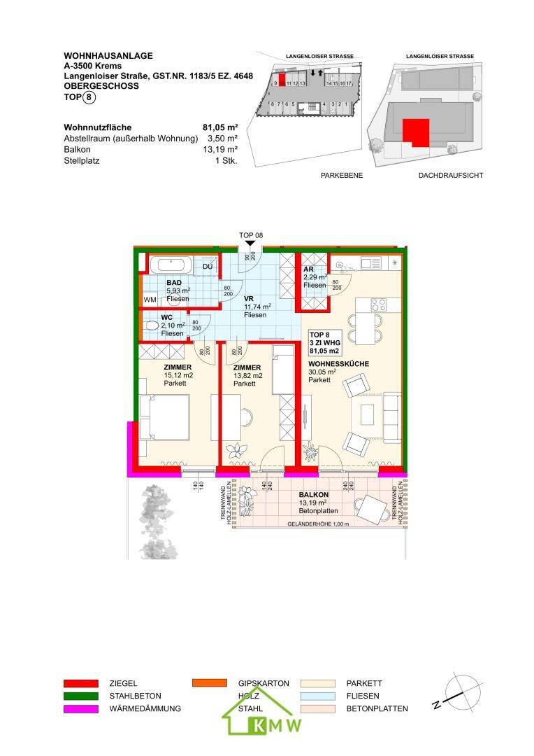 Grundriss einer modernen 3-Zimmer-Wohnung mit offenem Wohnbereich, Balkon und separatem WC.