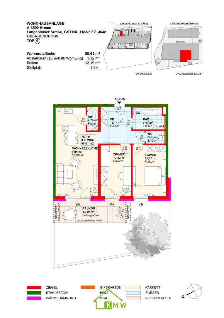 Grundriss einer 3-Zimmer-Wohnung mit offener Wohnküche, Balkon und separatem WC.