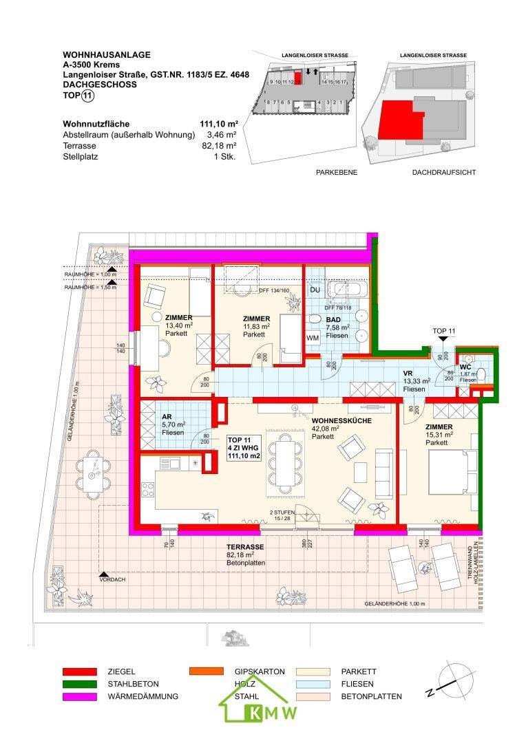 Grundriss einer Dachgeschosswohnung mit offener Wohnküche, drei Schlafzimmern und großer Terrasse.