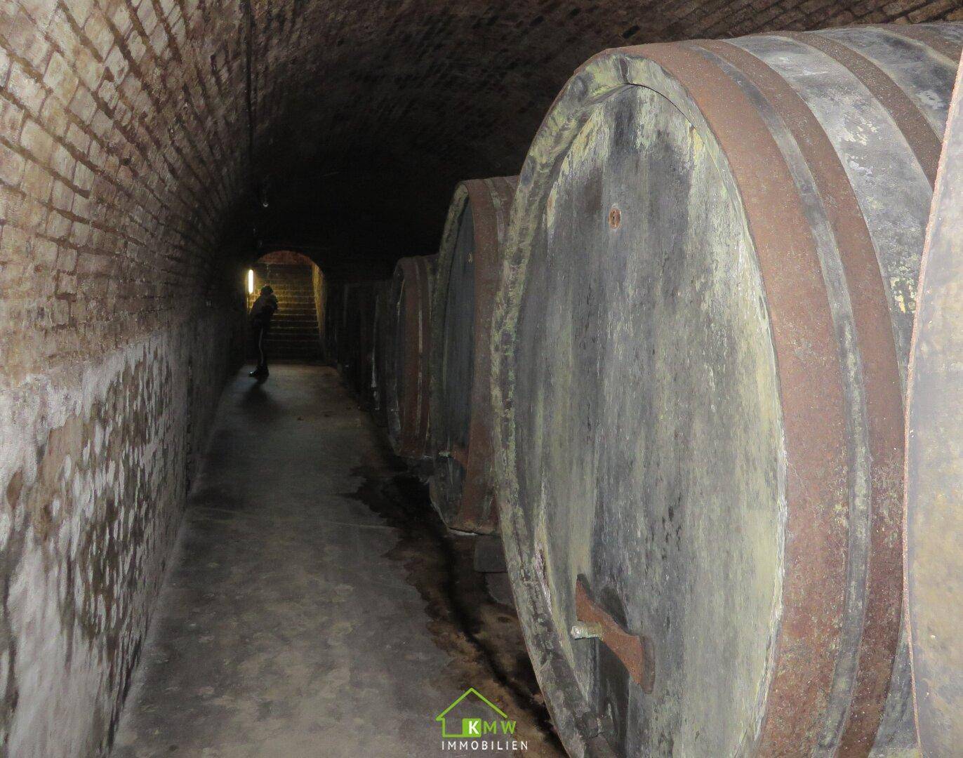 Langer Kellergang mit großen Holzfässern zur Weinlagerung.
