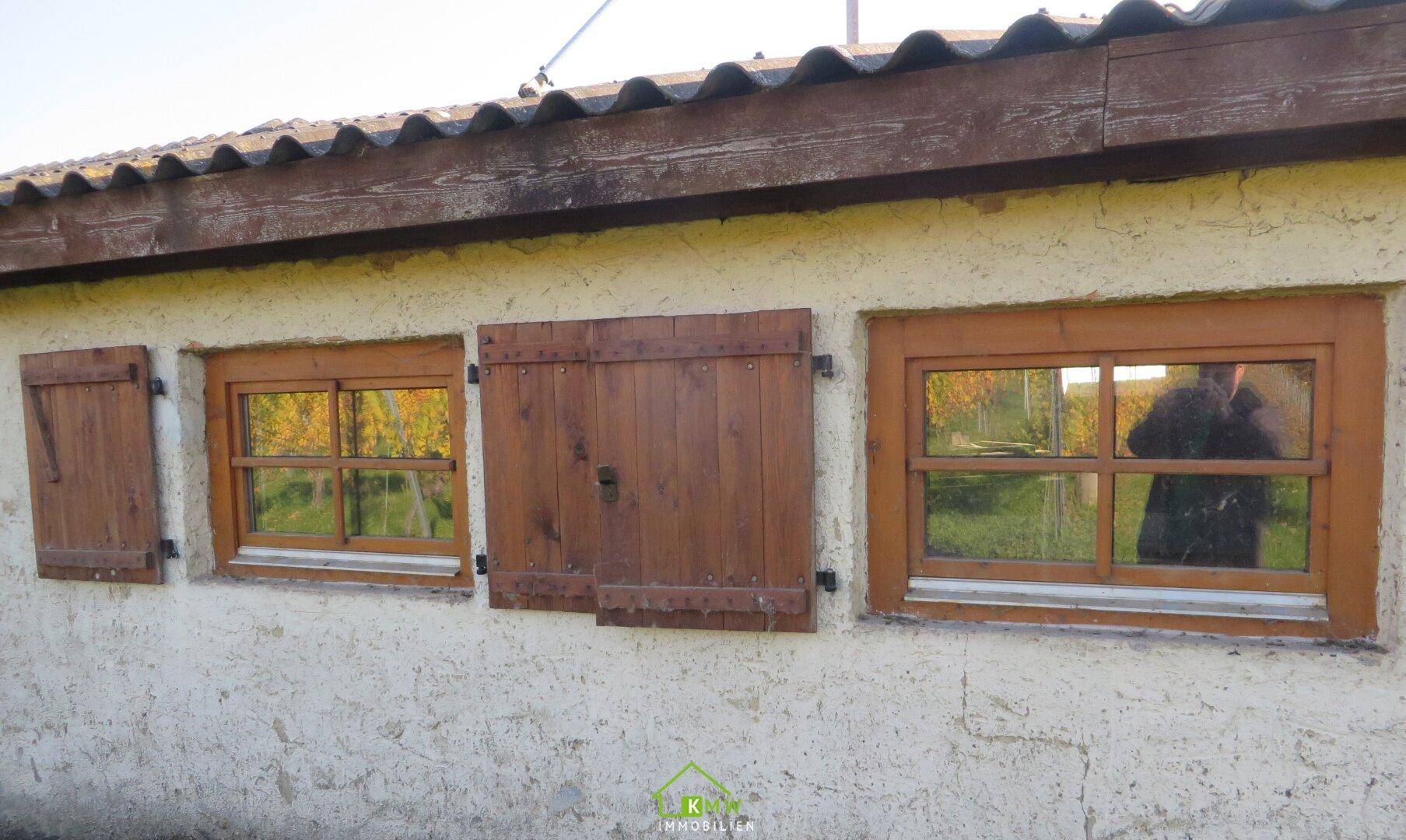 Fenster mit braunen Holzrahmen und passenden Fensterläden an einer verputzten Fassade.