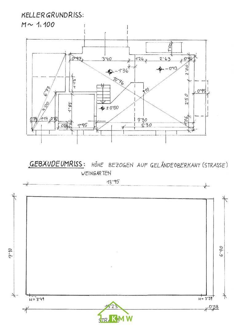Detaillierter Kellergrundriss und Gebäudegrundriss mit Abmessungen.