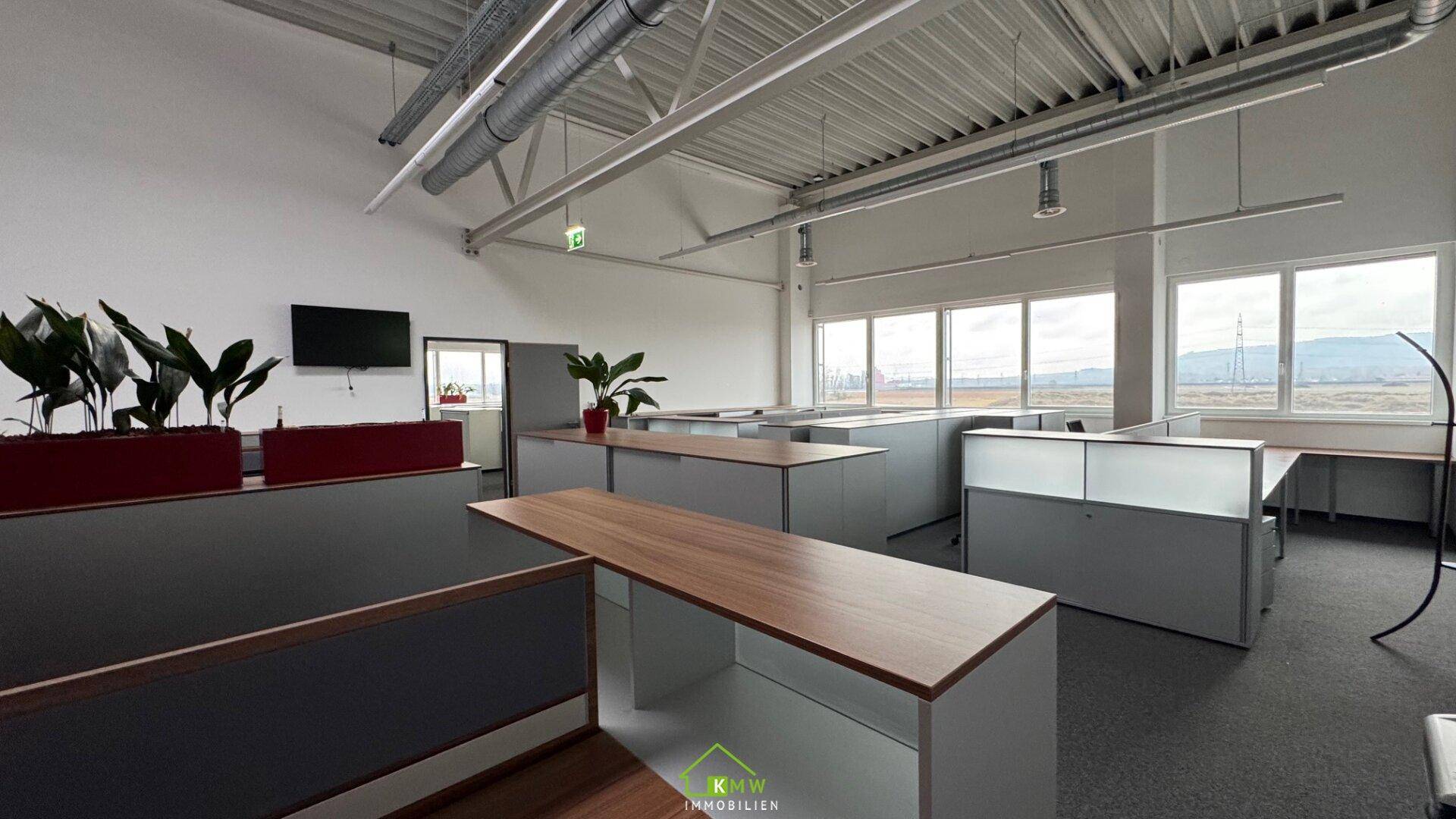 Modernes Großraumbüro mit individuellen Arbeitsplätzen, Teppichboden und weitem Ausblick durch die Fensterfront.