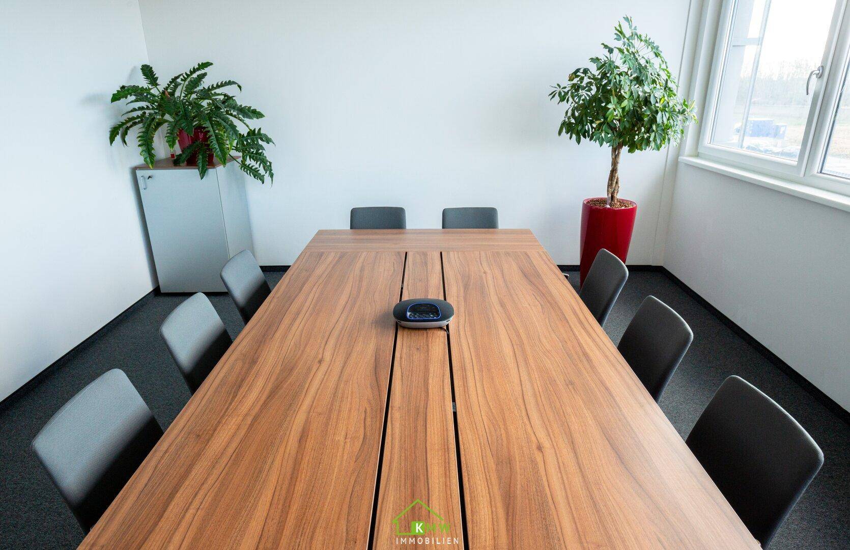 Detailansicht eines Konferenztisches aus Holz mit modernen Stühlen und dekorativen Pflanzen am Fenster.