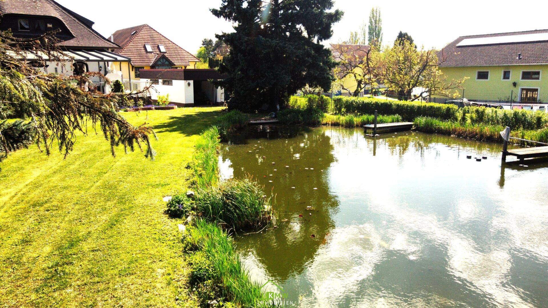 Weitläufiger Gartenteich mit Stegen und Schilfbewuchs, umgeben von grünen Rasenflächen.