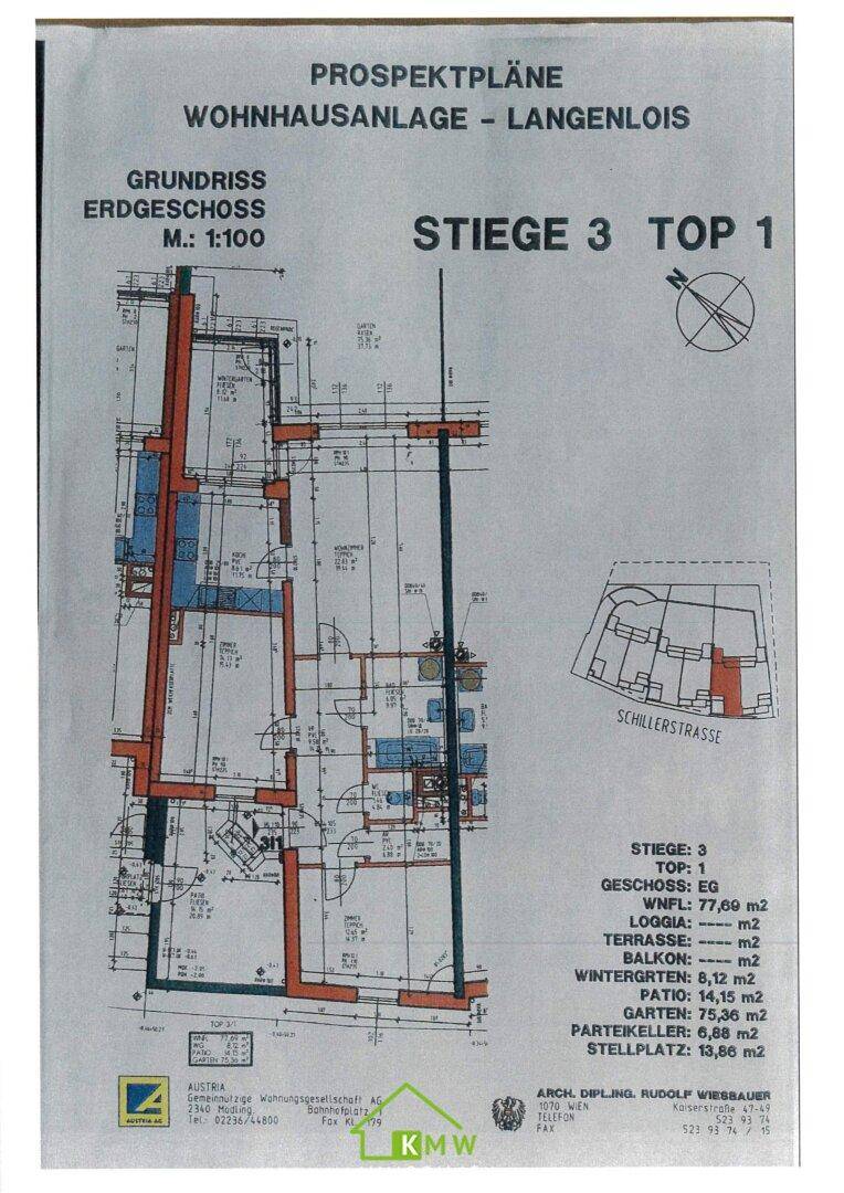 Grundriss des Erdgeschosses einer Wohnhausanlage in Langenlois mit Raumaufteilung.