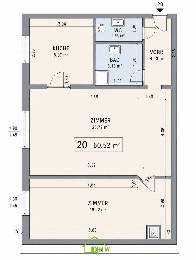 Übersichtlicher Grundriss einer Wohnung mit drei Zimmern, separater Küche, einem Bad und einem separaten WC.