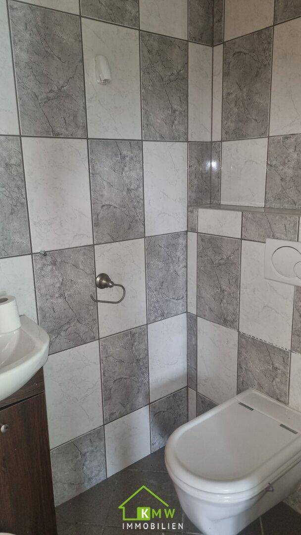 Kleines WC mit Wand-WC und grau-weißen Fliesen an den Wänden.