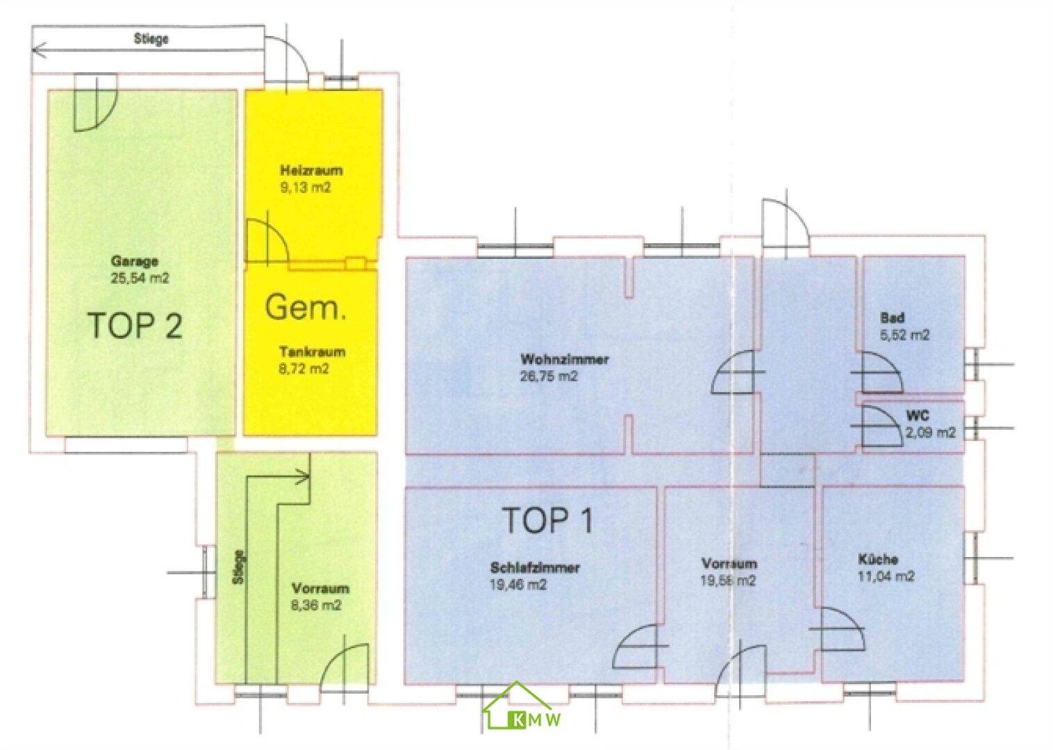 Grundriss von TOP 1 mit Wohnzimmer, Schlafzimmer, Küche und Bad.