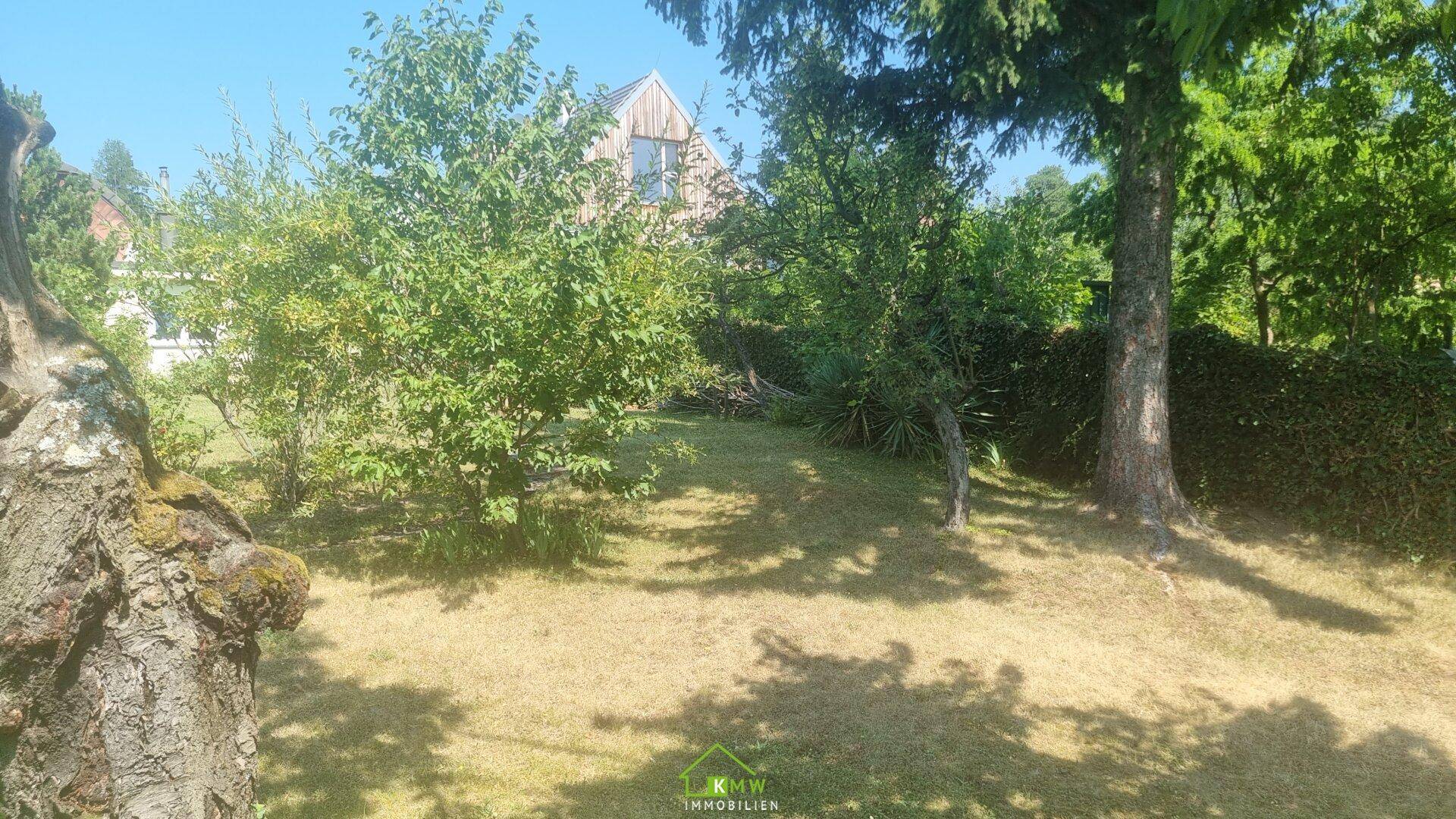 Großer Garten mit schattenspendenden Bäumen, Rasen und einem Haus im Hintergrund.