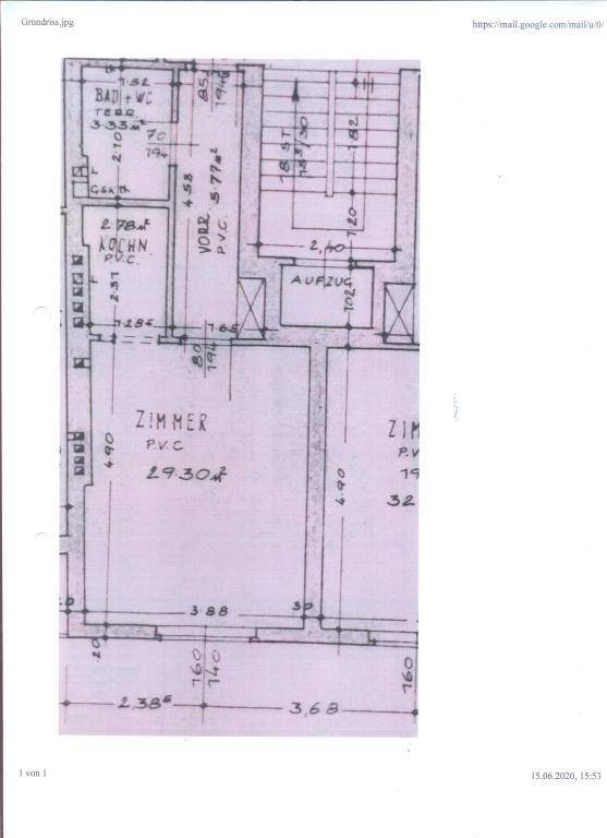 Grundrissplan einer Wohnung mit Zimmern, Bad, WC und Küche, inklusive Maßen.