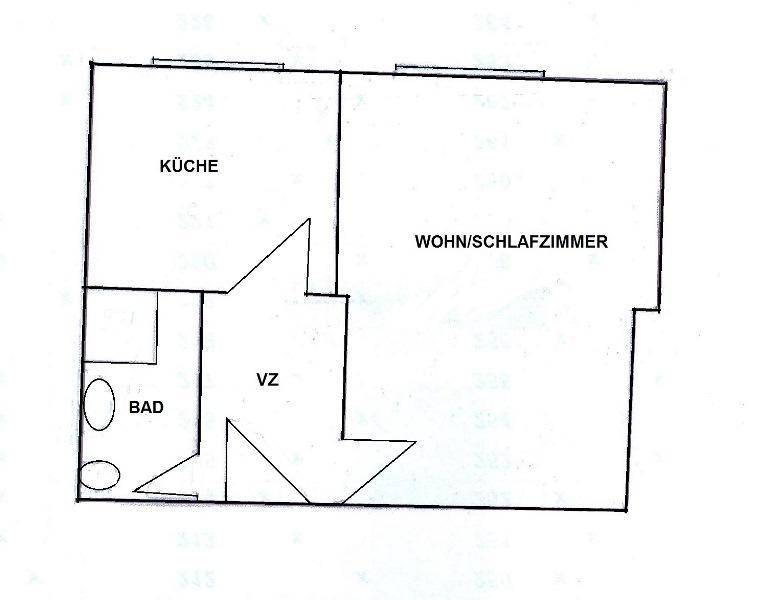 Grundriss einer Wohnung mit Küche, Bad und kombiniertem Wohn-/Schlafzimmer.
