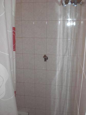 Gekachelte Duschwand im Badezimmer mit Duschvorhang.