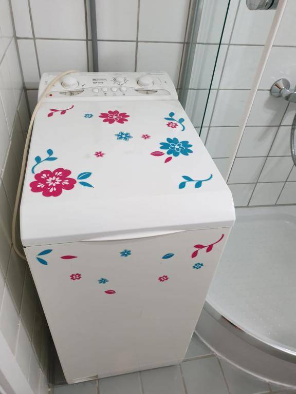 Badezimmer mit einer floral verzierten Waschmaschine neben einer Duschkabine, einfach eingerichtet.
