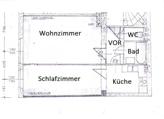 Handgezeichneter Grundriss der Wohnung mit Wohnzimmer, Schlafzimmer, Küche, Bad und WC.