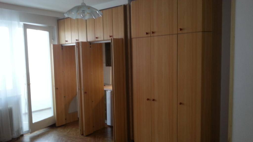 Wohnzimmer mit Einbauschränken und einem hellen Zugang zum Balkon durch eine Glastür.